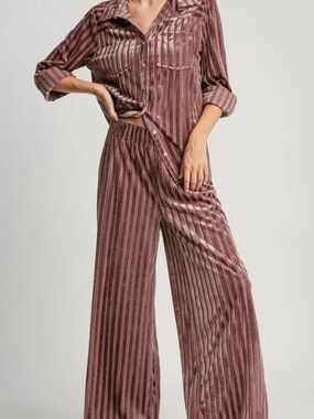 Umgee velvet Wide-Leg Lounge set Pants and shirt- Dusty Rose set